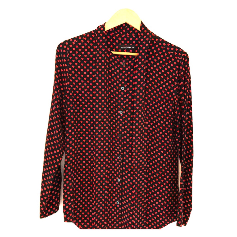 Black silk Equipment button down with red hearts.